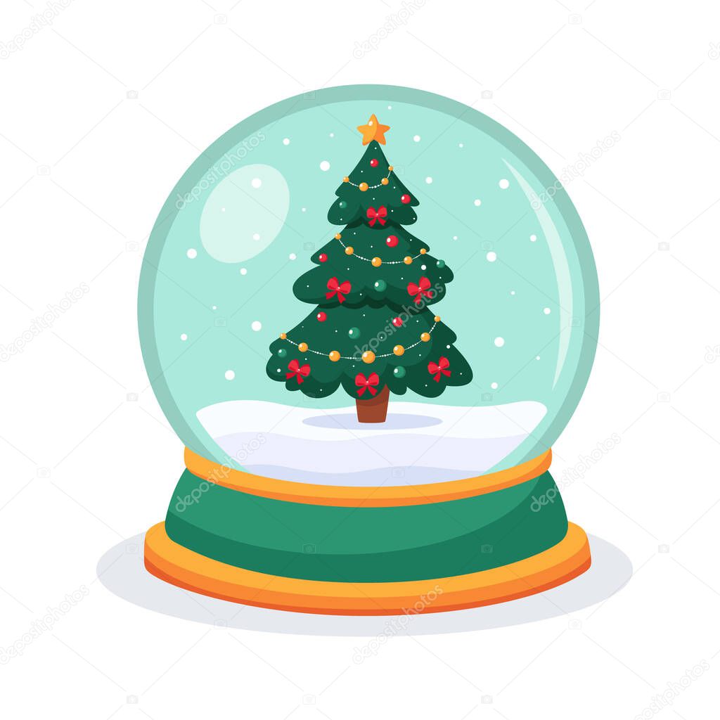 Christmas snow globe with a fir-tree inside. Snow globe sphere. Vector illustration.