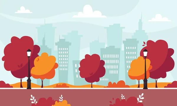 Осенний Парк Скамейкой Уличным Освещением Деревьями Кустами Фоне Города Векторная — стоковый вектор