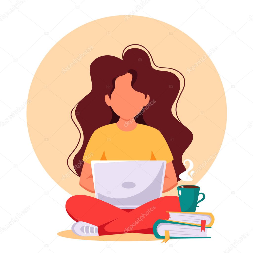 Woman working on laptop. Freelance, remote working, online studying, work from home. Vector illustration.