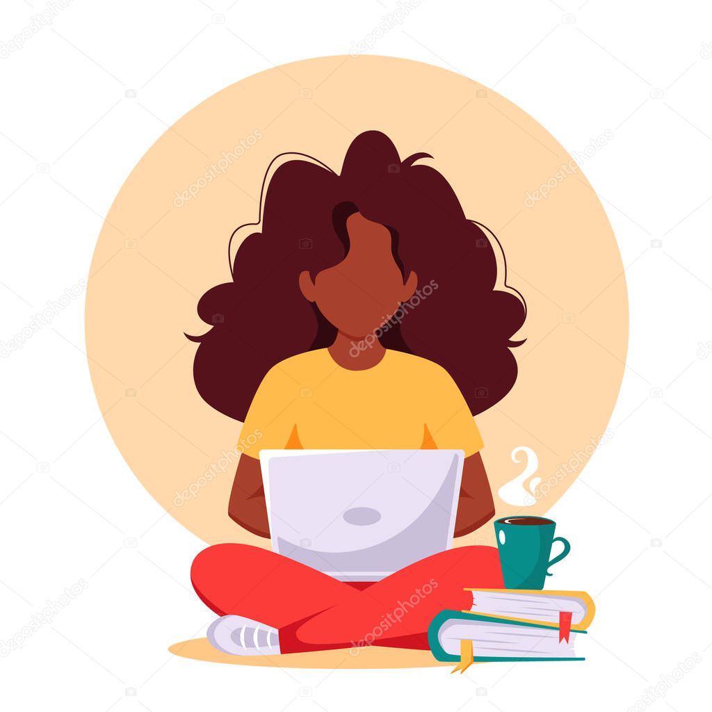 Black woman working on laptop. Freelance, remote working, online studying, work from home concept. Vector illustration in flat style.