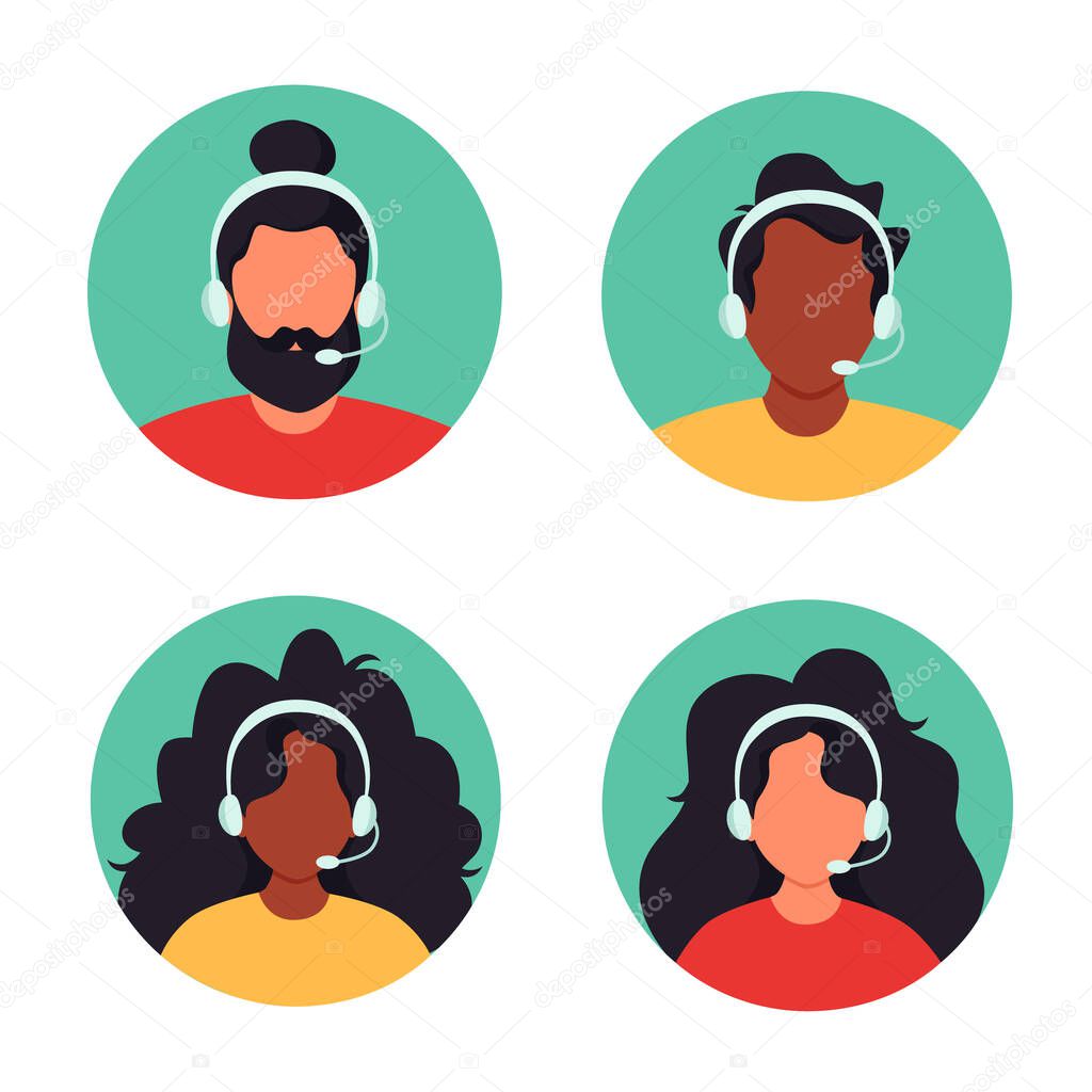 People with headphones. Customer service, assistant, support, call center concept. Vector illustration.