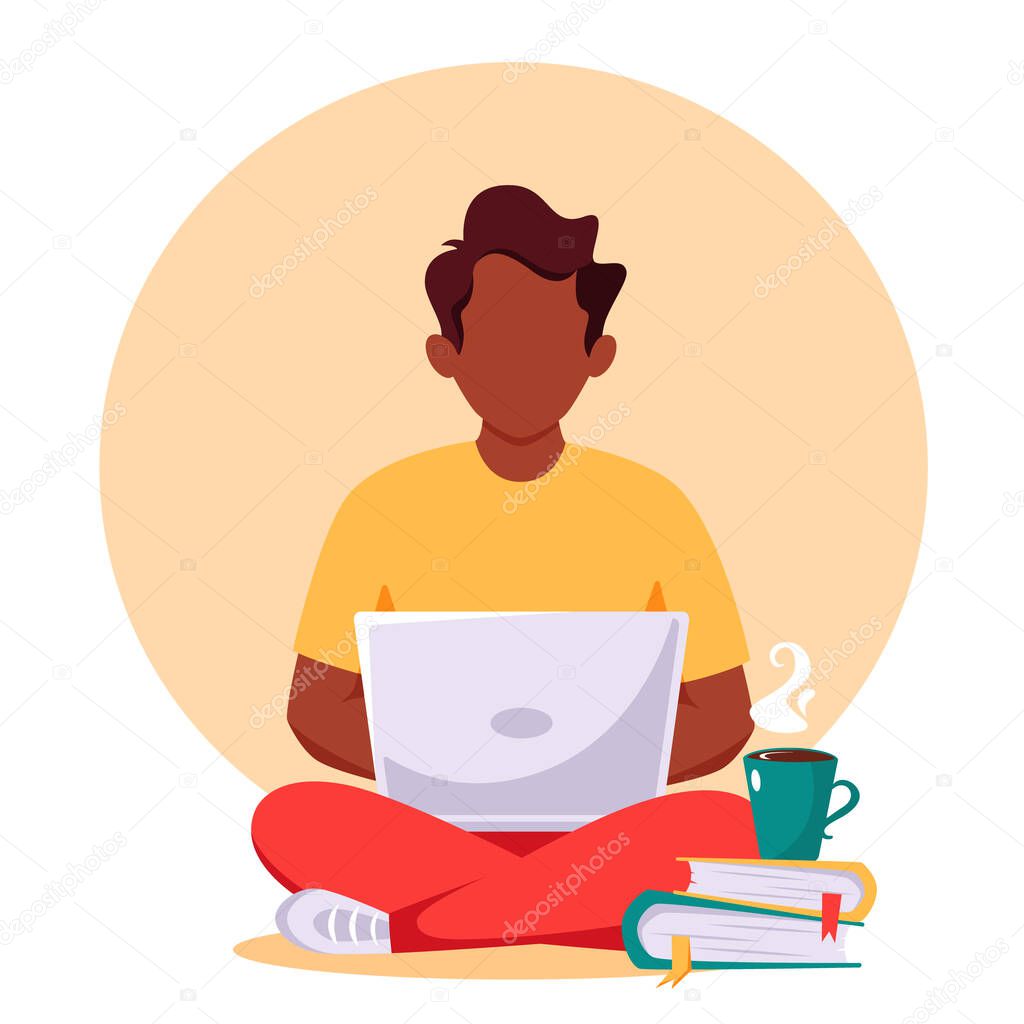 Black man working on laptop. Freelance, remote working, online studying, work from home. Vector illustration.
