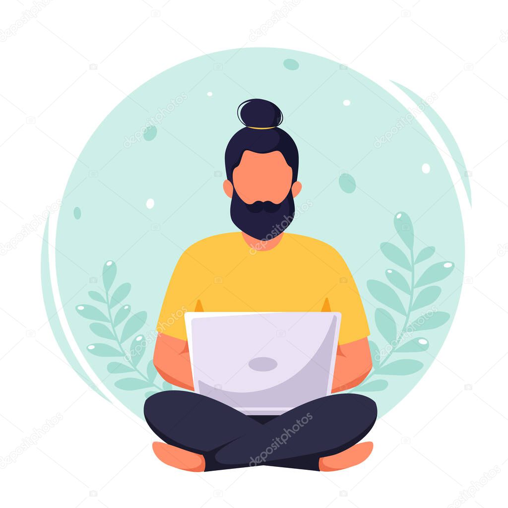 Man working on laptop. Freelance, remote working, online studying, work from home concept. Vector illustration in flat style.