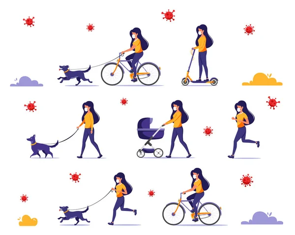 Mujer Haciendo Actividades Aire Libre Durante Pandemia Pasear Con Perro — Vector de stock