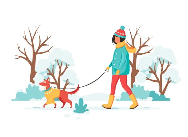 Een Vrouw Die Met Een Hond Loopt Winterse Buitenactiviteiten Vectorillustratie — Stockvector