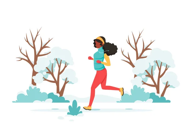 黑人妇女在公园里慢跑 冬季户外活动 矢量说明 — 图库矢量图片