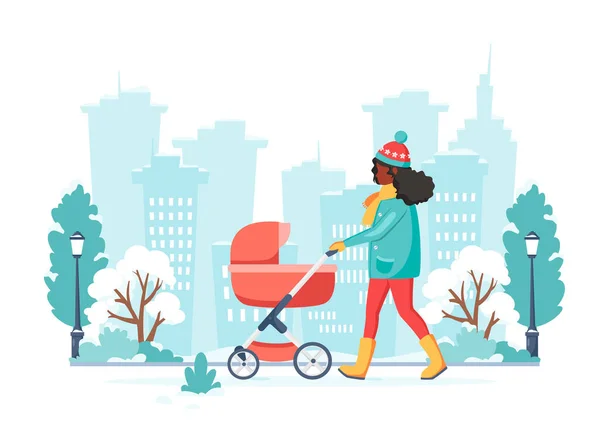 黒の女性は冬に赤ちゃんの馬車で歩く 野外活動 ベクターイラスト — ストックベクタ