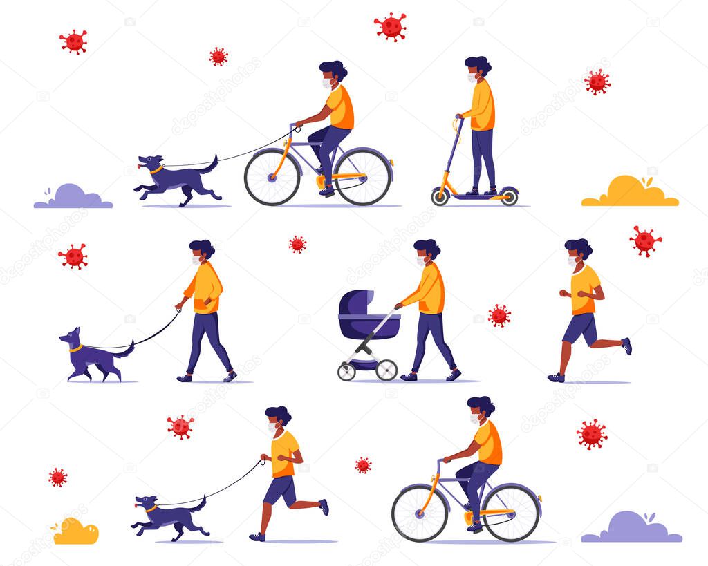 Black man doing outdoor activities during pandemic: walk with dog, child, riding bicycle, jogging. Black man in face mask. Quarantine concept.