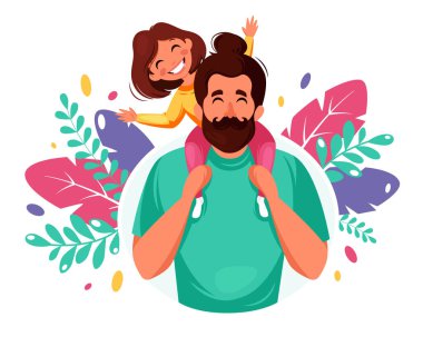 Happy Father's Day. Man with daughter in his shoulders. Father's Day greeting card, banner concept. Vector illustration 