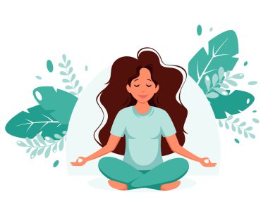 Kadın meditasyonu. Sağlıklı yaşam tarzı, yoga, meditasyon, rahatlama, dinlenme. Vektör illüstrasyonu.