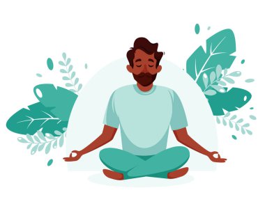 Siyahi adam meditasyon yapıyor. Sağlıklı yaşam tarzı, yoga, meditasyon, rahatlama, dinlenme. Vektör illüstrasyonu.