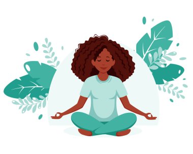 Siyahi kadın meditasyon yapıyor. Sağlıklı yaşam tarzı, yoga, meditasyon, rahatlama, dinlenme. Vektör illüstrasyonu.