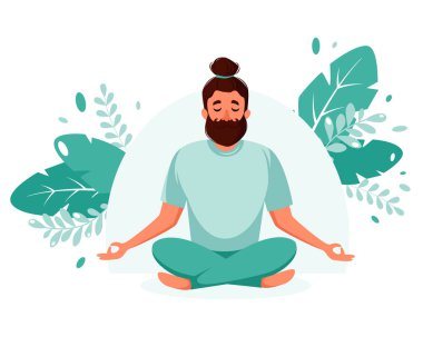 Adam meditasyon yapıyor. Sağlıklı yaşam tarzı, yoga, meditasyon, rahatlama, dinlenme. Vektör illüstrasyonu.