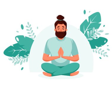 Adam meditasyon yapıyor. Sağlıklı yaşam tarzı, yoga, meditasyon, rahatlama, dinlenme. Vektör illüstrasyonu.