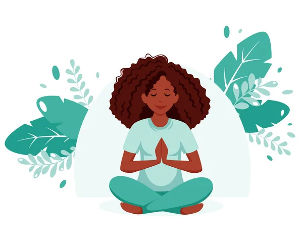 Black woman meditating. Healthy lifestyle, yoga, meditation, relax, recreation. Vector illustration.