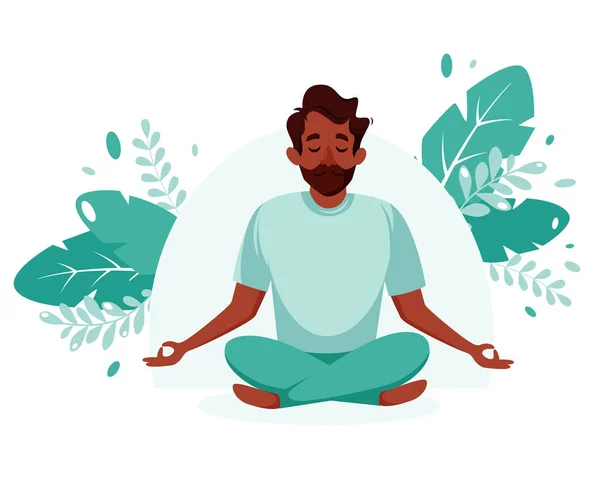 Hombre Negro Meditando Vida Sana Yoga Meditación Relax Recreación Ilustración — Vector de stock