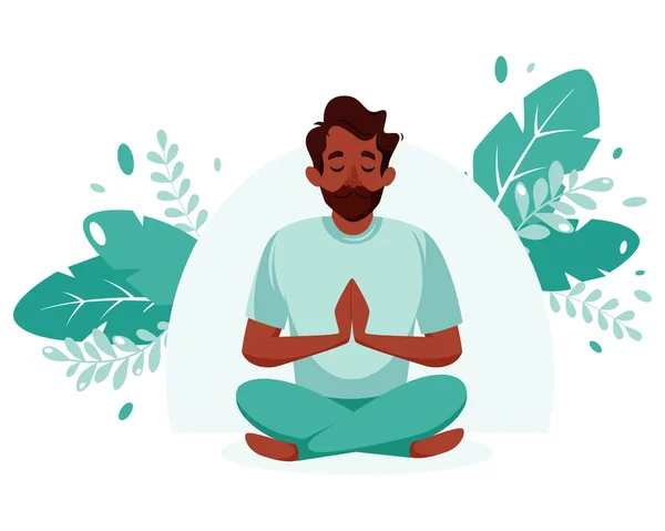 Schwarzer Mann Meditiert Gesunder Lebensstil Yoga Meditation Entspannung Erholung Vektorillustration — Stockvektor
