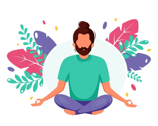 Man meditating. Healthy lifestyle, yoga, meditation, relax, recreation. Vector illustration.
