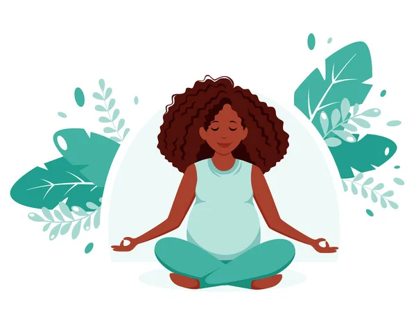 Pregnant Black Woman Doing Yoga Pregnancy Health Meditation Concept Vector — Stok Vektör