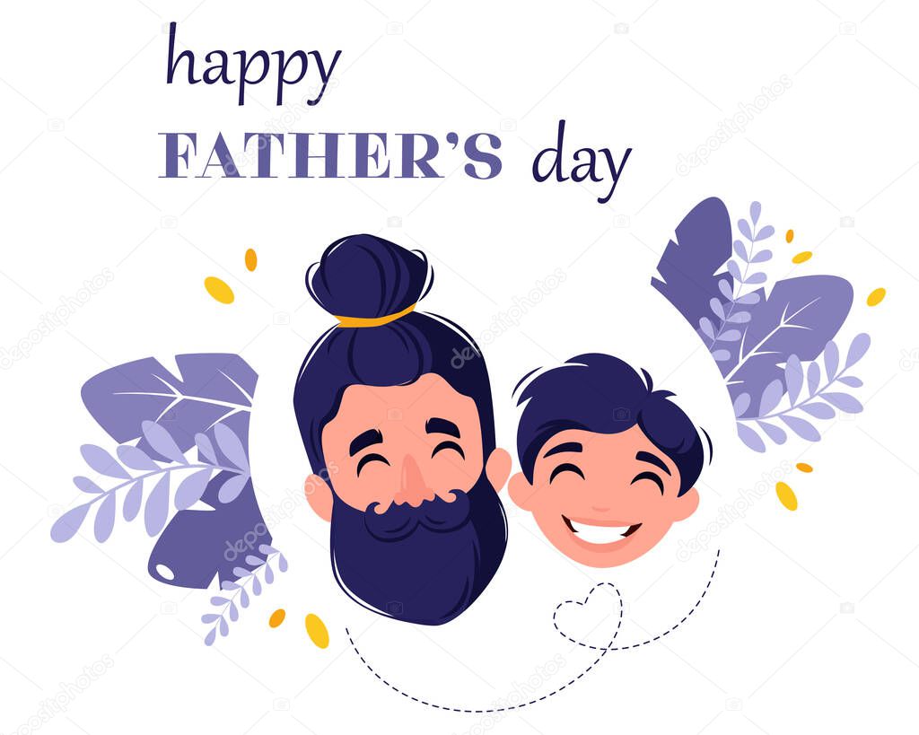 Happy Father's Day. Man with son. Fathers Day greeting card. Vector illustration