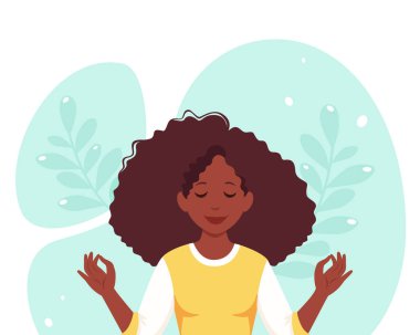 Siyahi kadın meditasyon yapıyor. Sağlıklı yaşam tarzı, yoga, meditasyon, rahatlama, dinlenme. Vektör illüstrasyonu.