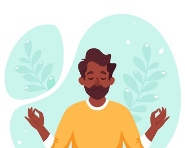 Siyahi adam meditasyon yapıyor. Sağlıklı yaşam tarzı, yoga, meditasyon, rahatlama, dinlenme. Vektör illüstrasyonu.