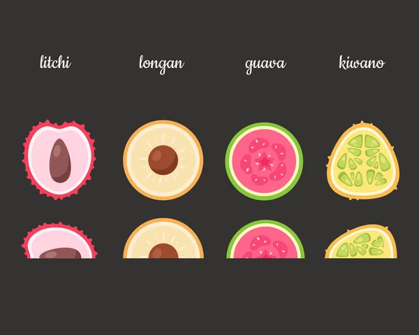 Exotische Früchte Litschi Longan Guave Kiwano Vektorillustration — Stockvektor