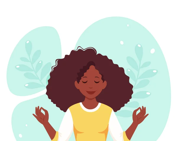 Black woman meditating. Healthy lifestyle, yoga, meditation, relax, recreation. Vector illustration.