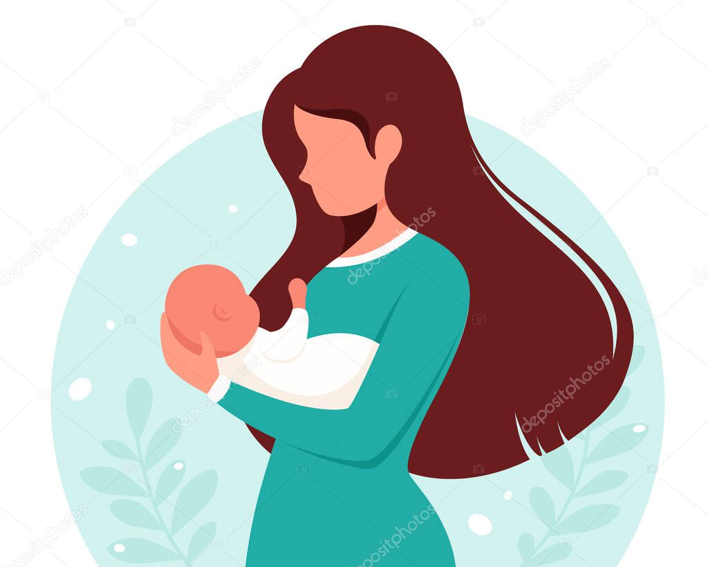 Woman with baby. Motherhood, parenting concept. Mother's Day. Vector illustration.