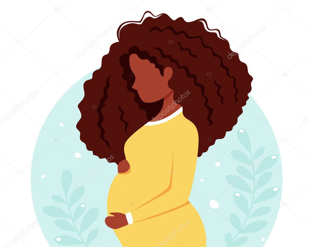 Pregnant black woman. Pregnancy and motherhood. Vector illustration in flat style.