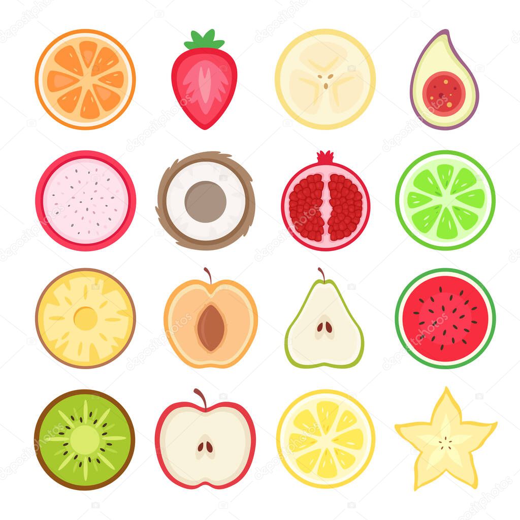 Fruits halves set. Tropical and exotic fruits. Vector illustration 