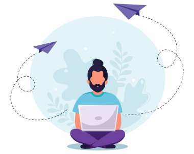 Dizüstü bilgisayarı olan adam. Serbest, online çalışma konsepti. Uzaktan çalışma konsepti. Düz bir şekilde vektör illüstrasyonu.
