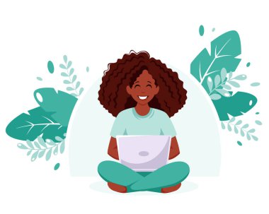 Dizüstü bilgisayarı olan siyahi bir kadın. Serbest çalışmak, online çalışmak, her yerde evden çalışmak. Vektör illüstrasyonu.