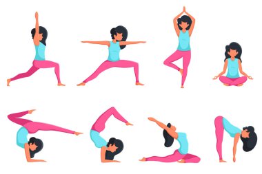 Yoga yapan bir kadın, farklı pozlar veren. Sağlıklı bir yaşam tarzı. Düz biçimli vektör illüstrasyonu
