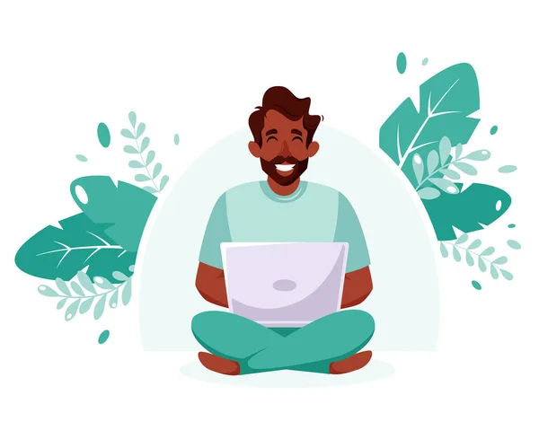 Black Man Sitting Laptop Freelance Online Studying Work Home Anywhere — Stock Vector