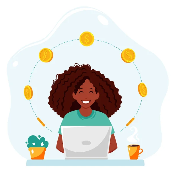 在网上赚钱 带着手提电脑和硬币的黑人女人远程工作 自由职业概念 — 图库矢量图片