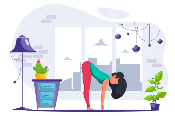 Een Vrouw Die Thuis Yoga Doet Gezonde Levensstijl Yoga Meditatie — Stockvector