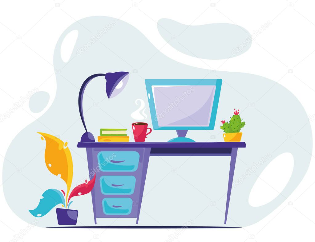 Workplace with computer, table lamp, plant and coffee. Modern interior. Vector illustration