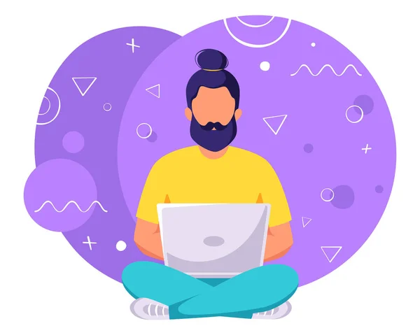 Hombre Trabajando Portátil Freelance Trabajo Remoto Estudio Línea — Vector de stock