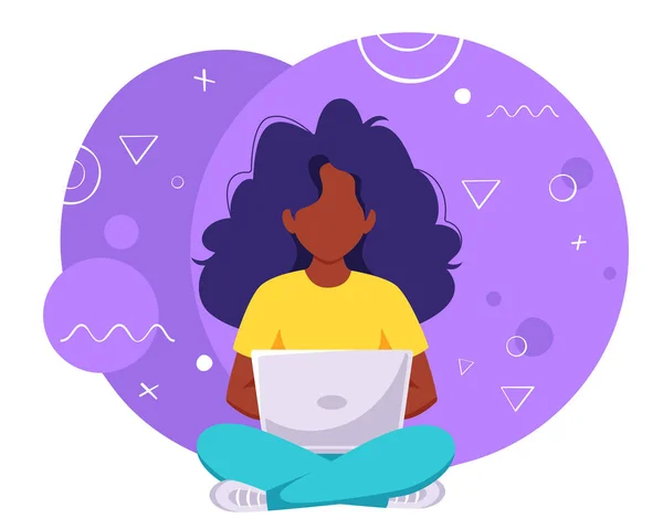 Mulher Negra Trabalhar Portátil Freelance Trabalho Remoto Estudo Online — Vetor de Stock