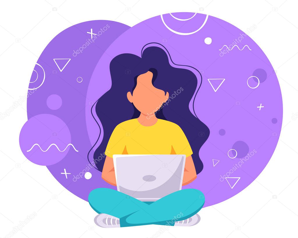 Woman working on laptop. Freelance, remote working, online studying