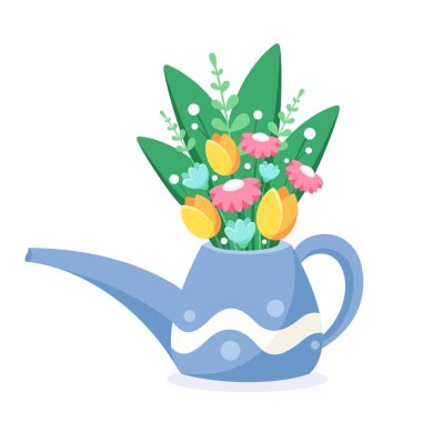 Bahar çiçekleriyle sulama tenekesi. Merhaba bahar. Vektör illüstrasyonu