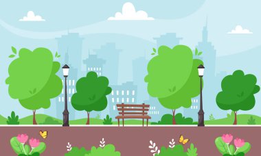 Spring City Parkı. Şehir manzarası. Vektör illüstrasyonu