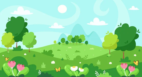 Весняний Пейзаж Деревами Горами Полями Квітами Векторні Ілюстрації — стоковий вектор