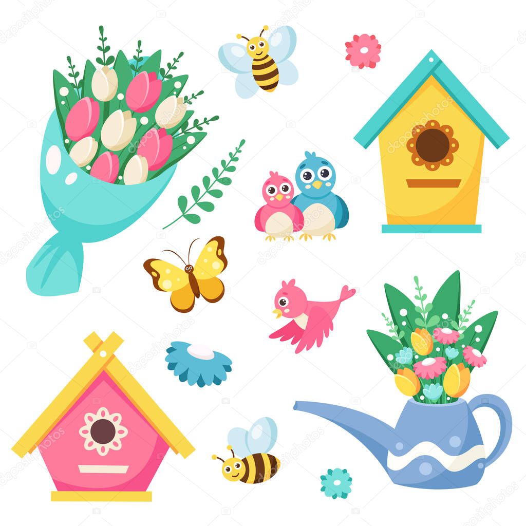 Spring elements collection: birdhouse, bouquet of flowers, watering can with flowers, bee. Vector illustration