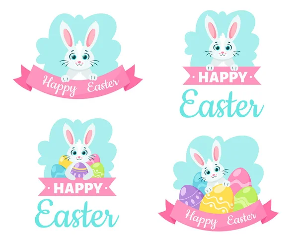 Buona Pasqua Biglietti Auguri Coniglietto Con Uova Pasqua Illustrazione Vettoriale — Vettoriale Stock