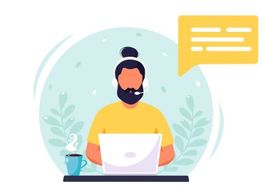 Kulaklıklı adam bilgisayarla çalışıyor. Müşteri hizmetleri, asistan, destek, çağrı merkezi konsepti. Vektör illüstrasyonu.