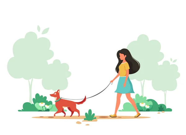 Baharda köpeğiyle gezen bir kadın. Açık hava aktivitesi konsepti. Vektör illüstrasyonu.