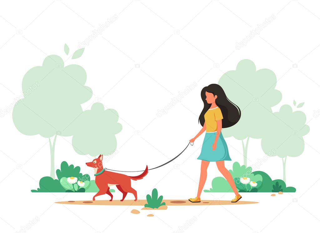 Woman walking with dog in spring. Outdoor activity concept. Vector illustration.