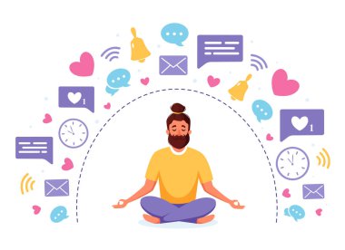 Bilgi arındırma ve meditasyon. Lotus pozunda meditasyon yapan bir adam. Dijital detoks konsepti. Vektör illüstrasyonu.